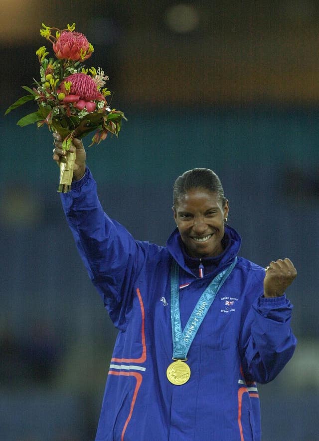 Denise Lewis celebrates becoming Olympic heptathlon champion in Sydney in 2000