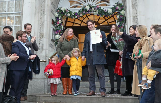 Ms Steinfeld and Mr Keidan outside Kensington and Chelsea Register Office (Yui Mok/PA)