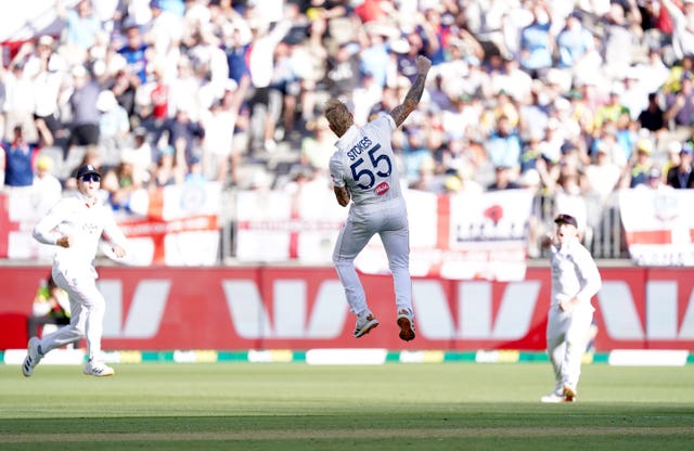 England’s Ben Stokes celebrates taking the wicket of Australia’s Cameron Green