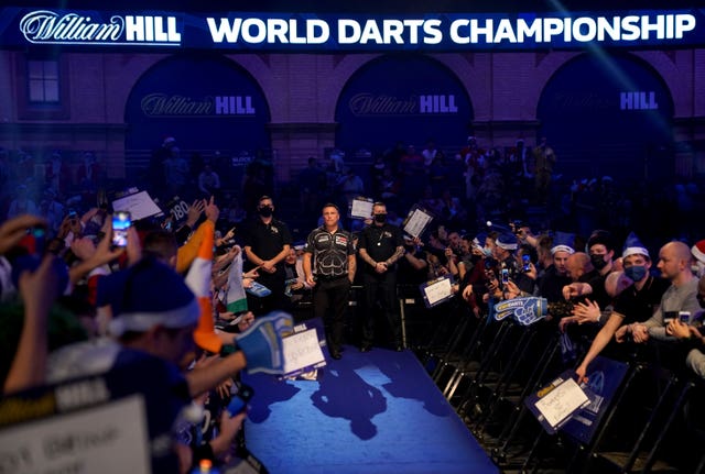 Gerwyn Price makes his way out during day one of the William Hill World Darts Championship at Alexandra Palace