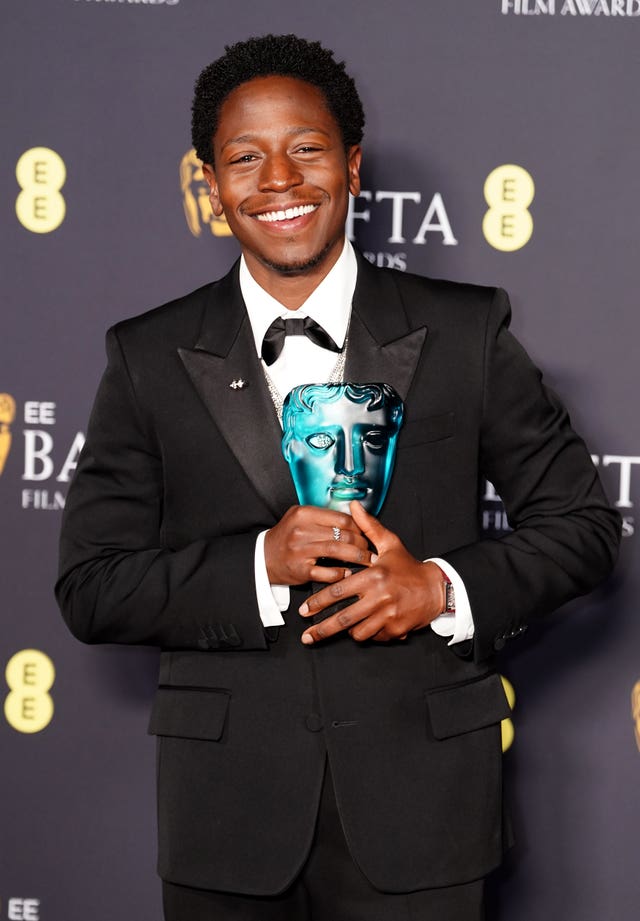 David Jonsson with the EE rising star award during the 78th British Academy Film Awards at the Royal Festival Hall, Southbank Centre, London