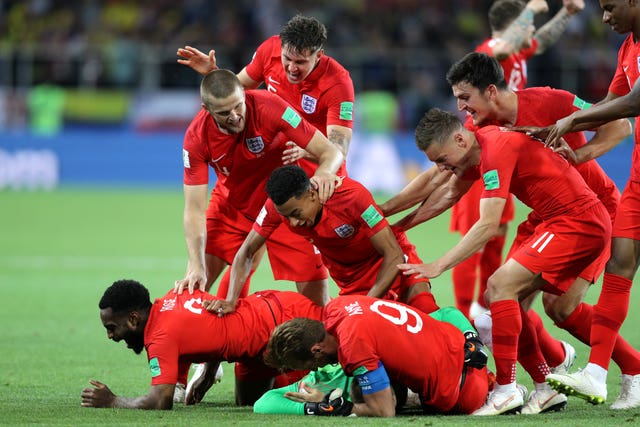 England celebrate their penalty shootout win over Colombia (Owen Humphreys/PA)