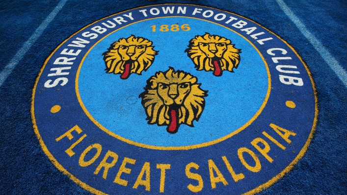 A general view of the Shrewsbury Town club crest before the FA Cup fourth round match at Montgomery Waters Meadow, Shrewsbury.