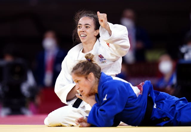 Great Britain’s Chelsie Giles celebrates claiming a bronze medal at the Tokyo Olympics