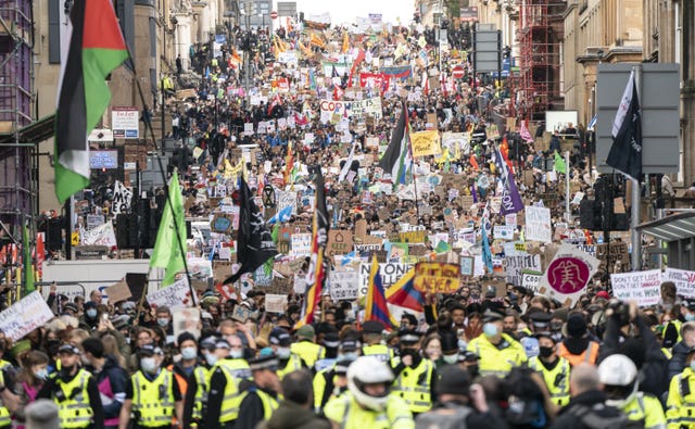 Crowds marching through Glasgow during Cop26