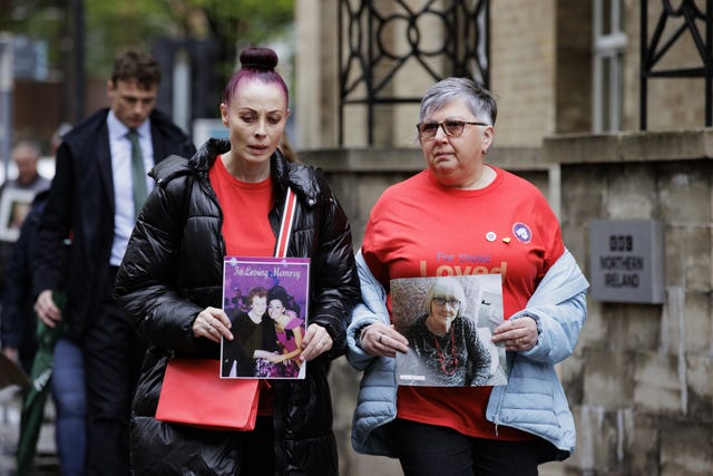 Martina Ferguson, left, and Brenda Doherty, right, from the Northern Ireland Covid-19 Bereaved Families for Justice group speaking outside the inquiry