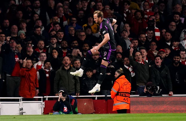 Harry Kane celebrates scoring at the Emirates