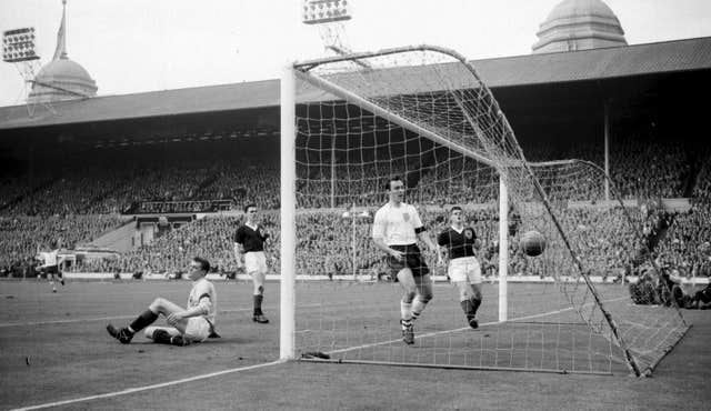 Jimmy Greaves scoring England’s third goal as the Three Lions went on to beat Scotland 9-3 at Wembley