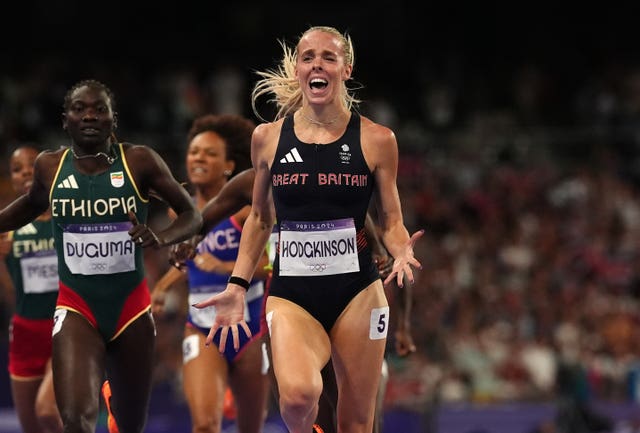 Keely Hodgkinson celebrates winning the women’s 800 metres at the Olympics in Paris