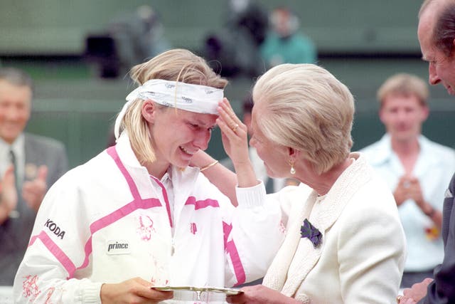 The Duchess of Kent comforts a crying Jana Novotna