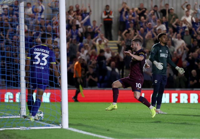 Conor Chaplin scores a late equaliser (Steven Paston/PA)