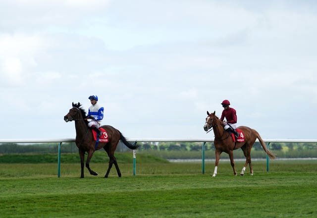 Janey Mackers, left, before the Pretty Polly Stakes at Newmarket