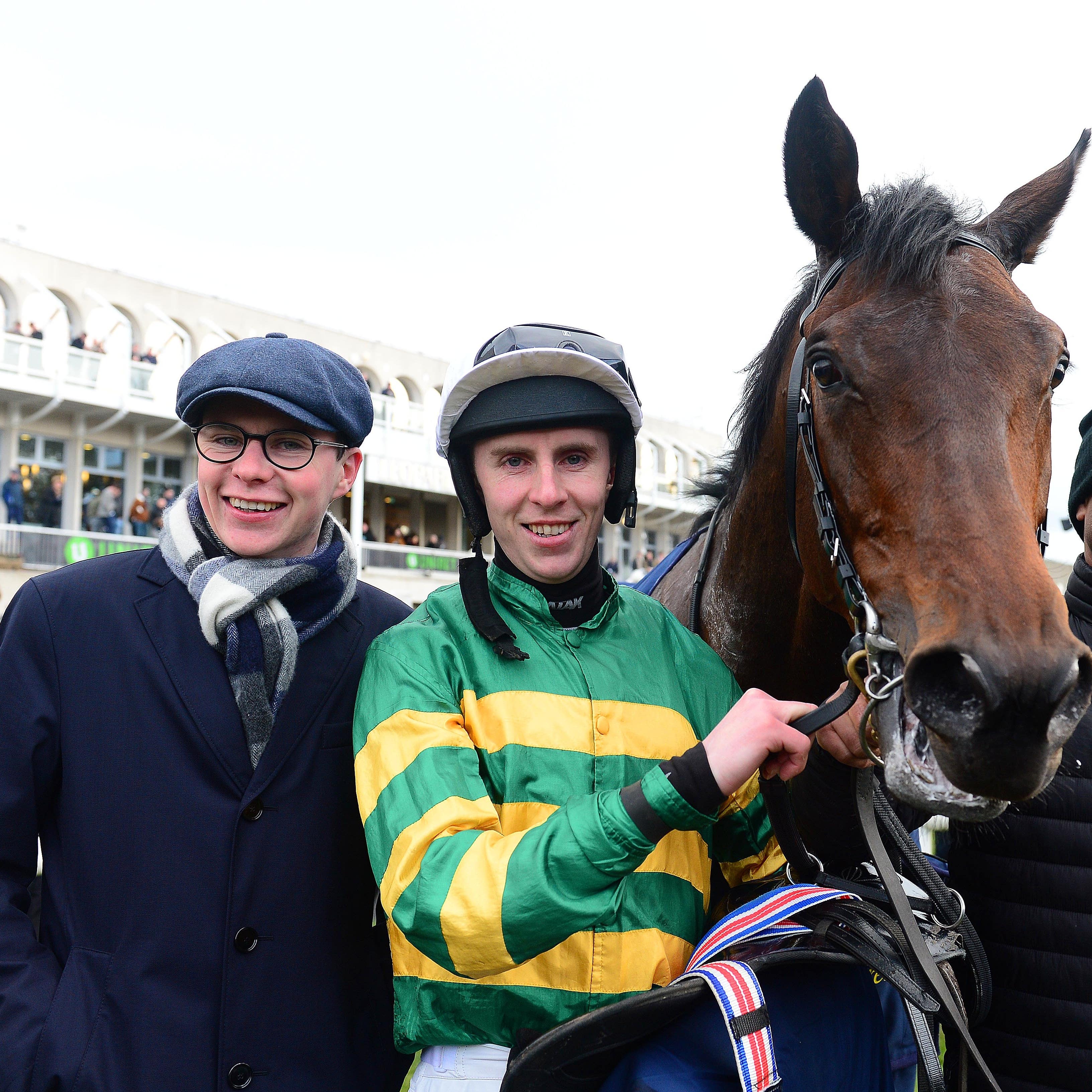 Joseph O'Brien (left) and jockey Mark Walsh after Sir Erec's latest victory at Leopardstown