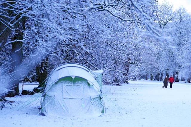 A snow-covered tent in a park in Hexham