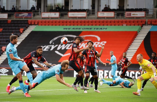 Bournemouth’s Joshua King appeared to push Harry Kane in the box