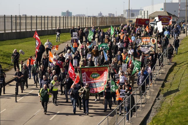 Protesters march into the Port of Hull, East Yorkshire, after P&O Ferries suspended sailings and handed 800 seafarers immediate severance notices