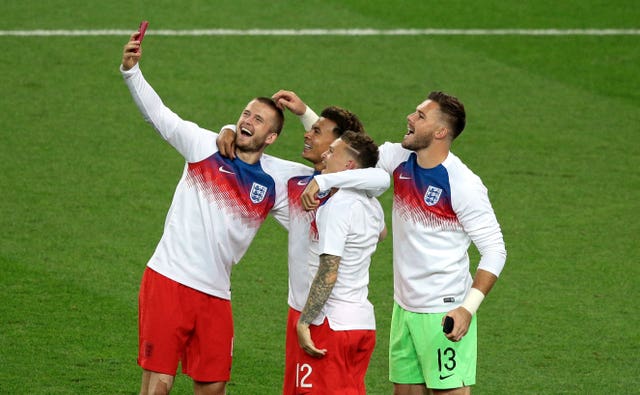 Eric Dier, Dele Alli, Kieran Trippier and goalkeeper Jack Butland take a selfie after England beat Colombia on penalties (Aaron Chown/PA)