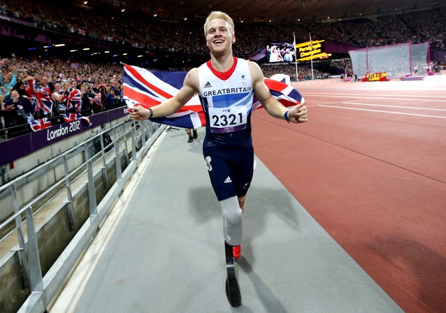 Jonnie Peacock celebrates winning the men’s 100m T44 category final at London 2012