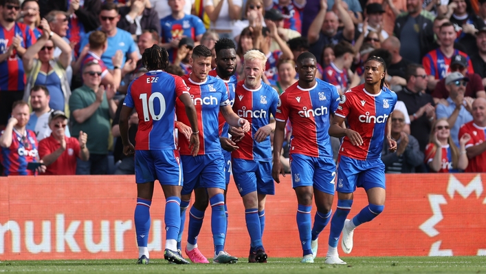 Will Hughes (centre) celebrates with team-mates after scoring Palace’s equaliser (Steven Paston/PA)