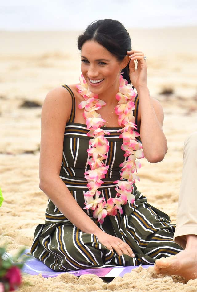 The pregnant Duchess of Sussex wore a striped maxi dress by Martin Grant