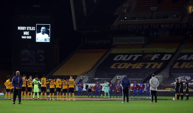 Wolves and Crystal Palace observe a minute's silence for Stiles before their Premier League match at Molineux