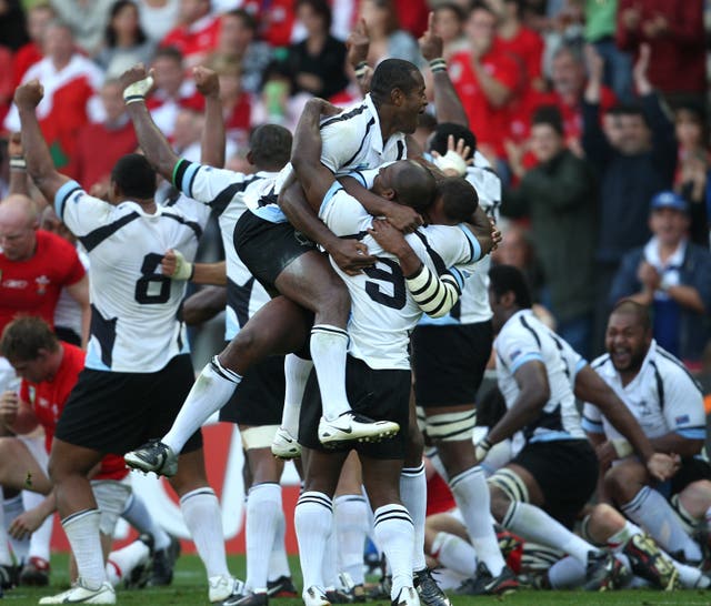 Fiji celebrate their win over Wales in Nantes 12 years ago
