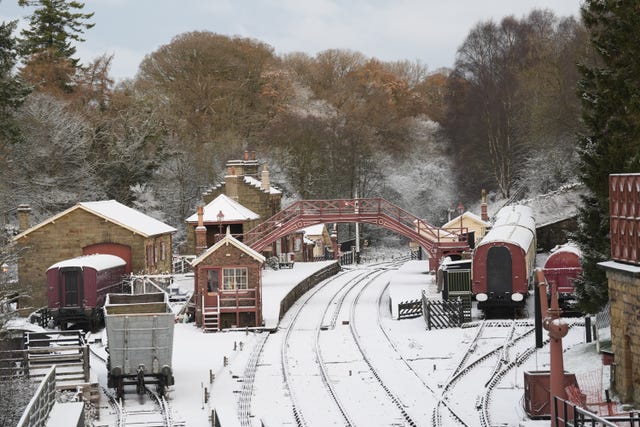 A snow-covered Goathland railway station in North Yorkshire during November