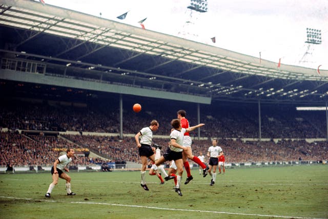 Geoff Hurst scores in the final at Wembley 