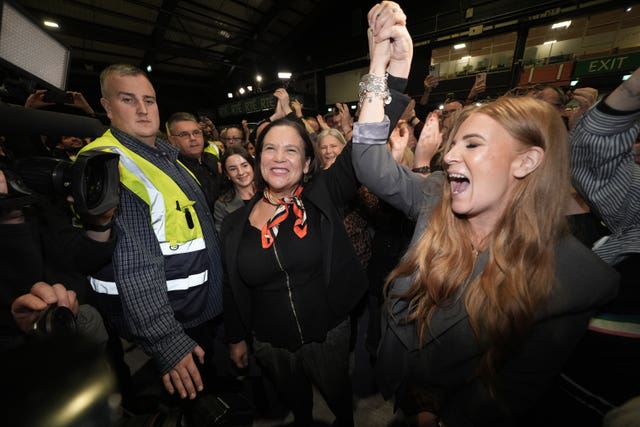 Mary Lou McDonald celebrating with Sinn Fein councillor Janice Boylan