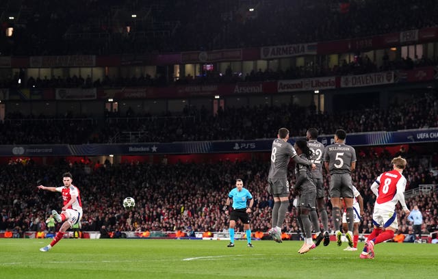 Rice scores a free-kick against Real Madrid