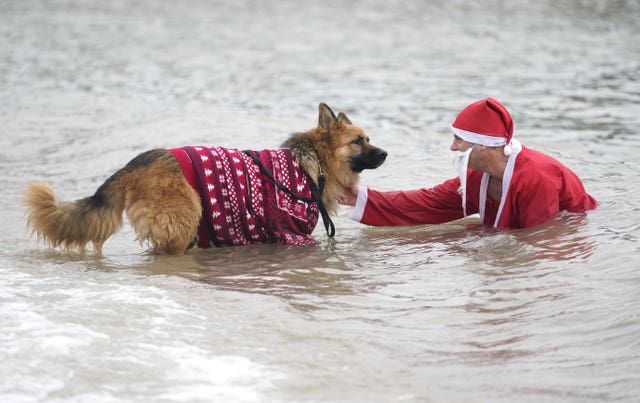 A dog and man in fancy dress in the sea 