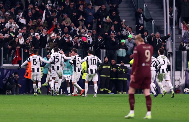 Weston McKennie celebrates scoring Juventus' second (Fabrizio Carabelli/PA)