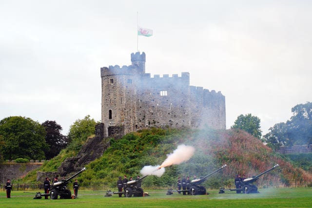 Members of the 104 Regiment Royal Artillery during the gun salute at Cardiff Castle