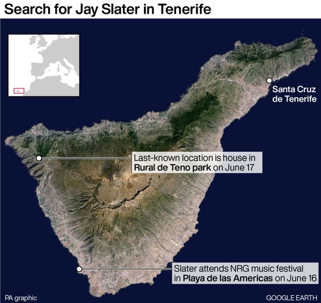Map of Tenerife showing key locations in the search for Jay Slater