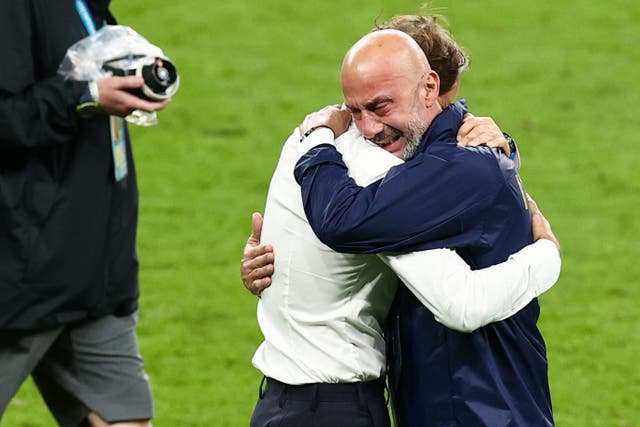 Gianluca Vialli celebrates with Roberto Mancini after Italy's Euro 2020 triumph