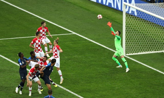 Croatia’s Mario Mandzukic (bottom second right) became the first player to score an own goal in the World Cup final.