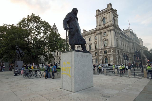 The statue of Winston Churchill, after it was vandalised (Jonathan Brady/PA)