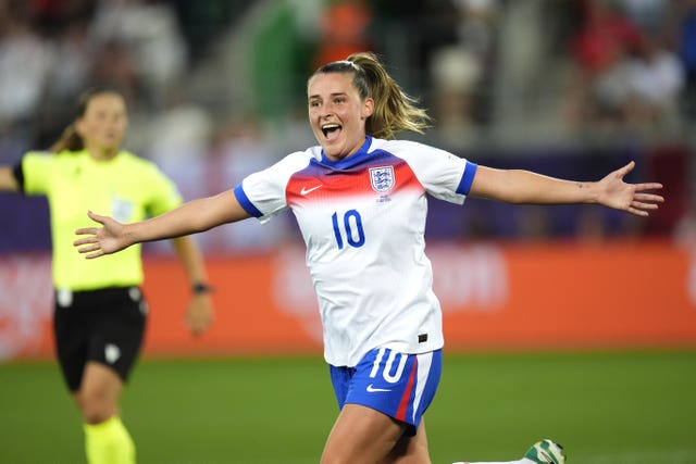 Ella Toone celebrates after scoring England's second goal in a 6-1 Euro 2025 victory over Wales
