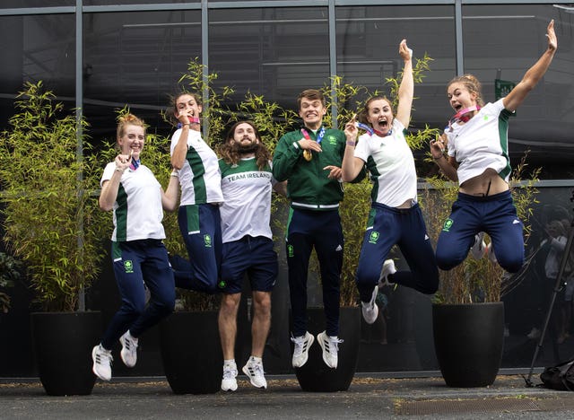 Irish rowers with their gold and bronze medals, (left to right) Emily Hegarty, Fiona Murtagh, Paul O’Donovan, Fintan McCarthy, Aifric Keogh and Eimear Lambe, at Dublin Airport following their return from the Olympics in Tokyo, Japan