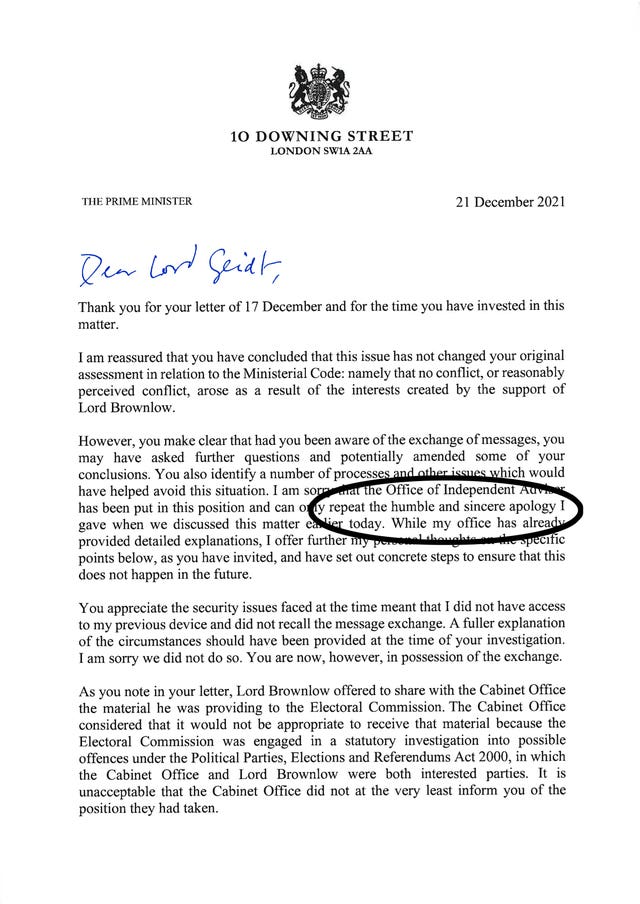 A page of the letter from the Prime Minister offering a 'humble and sincere apology' to Lord Geidt 