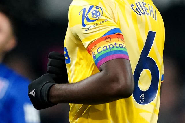 Marc Guehi wearing an adapted rainbow armband