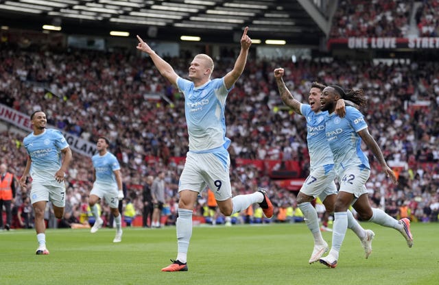 Erling Haaland celebrates Sunday's highly controversial derby winner