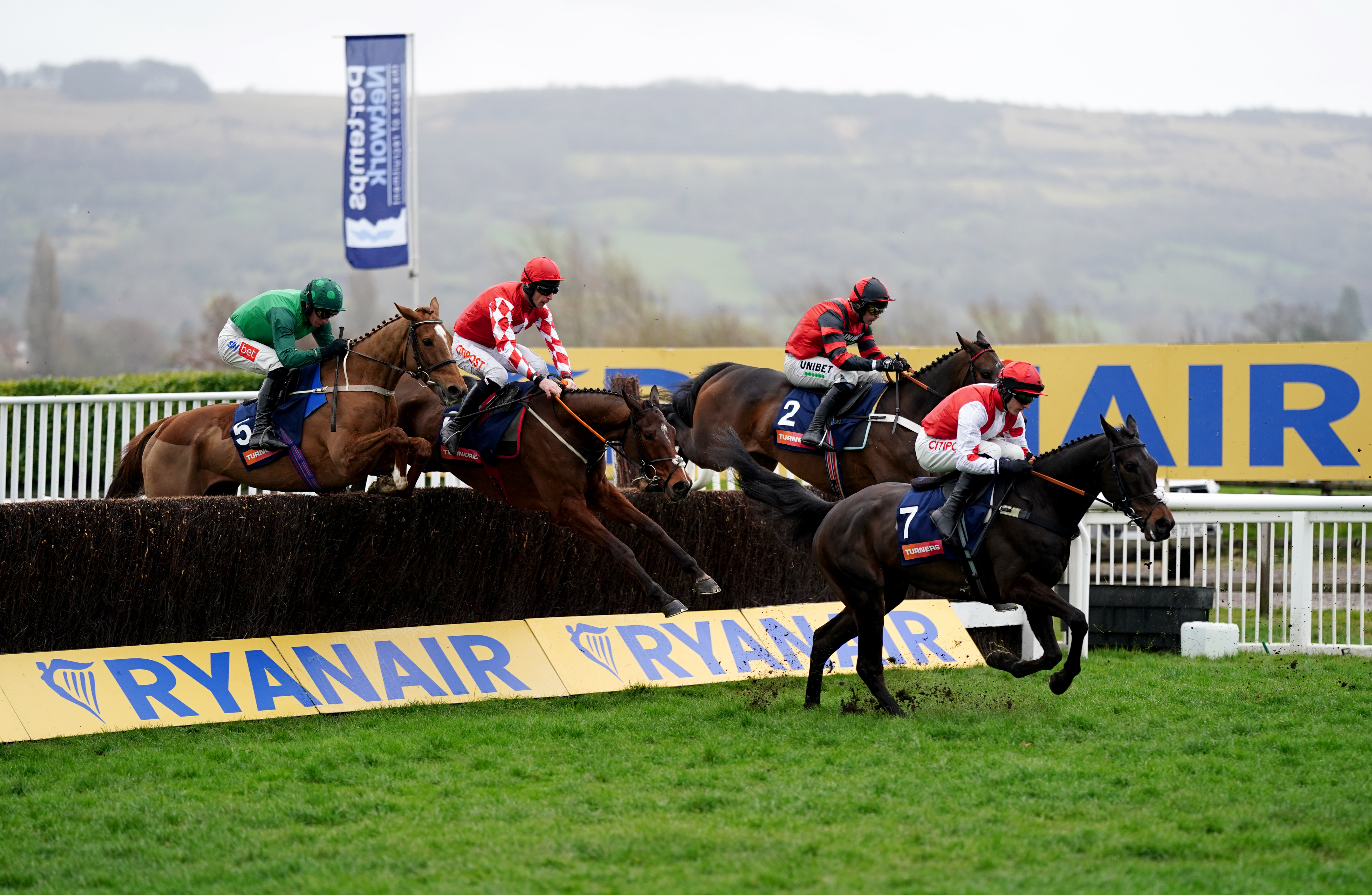 Left to right, James Du Berlais, Mighty Potter, Balco Coastal and Notlongtillmay in action during the Turners Novices’ Chase on day three of the Cheltenham Festival at Cheltenham Racecourse.