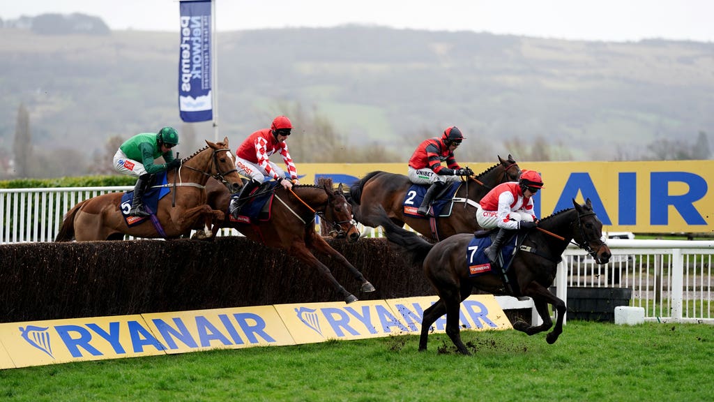 Left to right, James Du Berlais, Mighty Potter, Balco Coastal and Notlongtillmay in action during the Turners Novices' Chase on day three of the Cheltenham Festival at Cheltenham Racecourse.