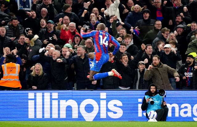 Jean-Philippe Mateta leaps in celebration after scoring Crystal Palace’s second goal against Aston Villa – Premier League – Selhurst Park