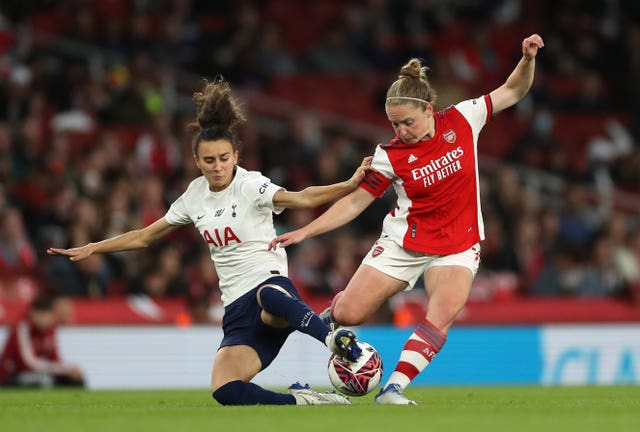 Tottenham’s Rosella Ayane, left, and Arsenal’s Kim Little battle for the ball during last season's Women’s Super League match at the Emirates Stadium