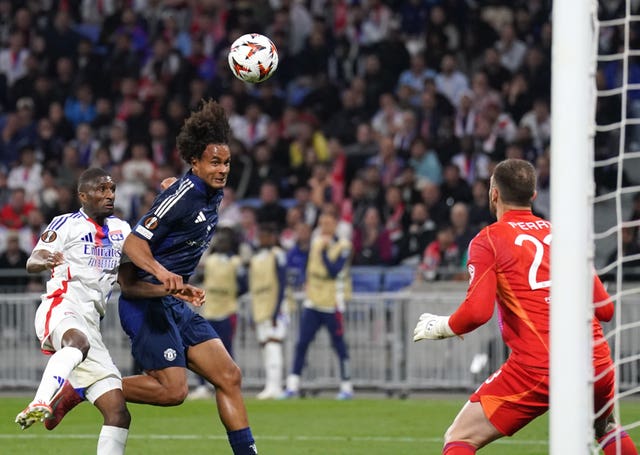 Manchester United’s Joshua Zirkzee scores their side’s second goal at Lyon