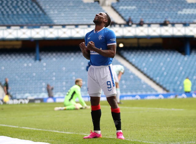 Rangers' Jermain Defoe celebrates scoring his first Old Firm goal