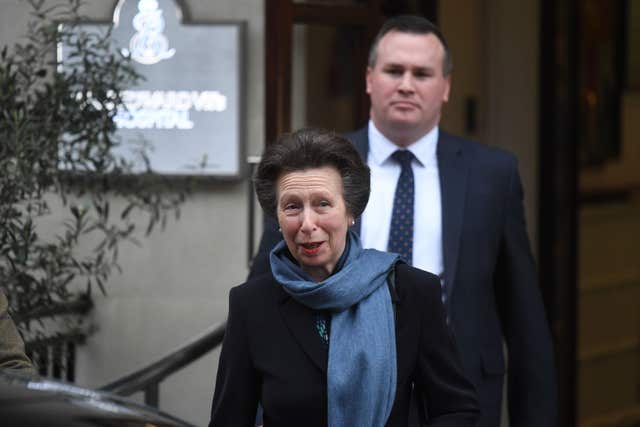 The Princess Royal leaving the King Edward VII’s Hospital in London, after visiting her father (Victoria Jones/PA)