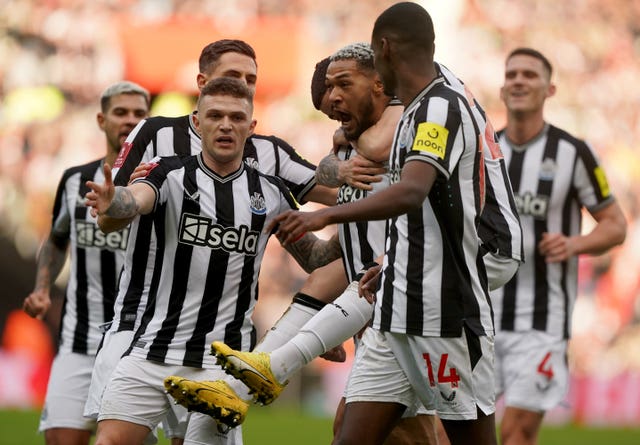 Newcastle’s Joelinton (second right) celebrates with his team-mates after forcing the breakthrough at the Stadium of Light